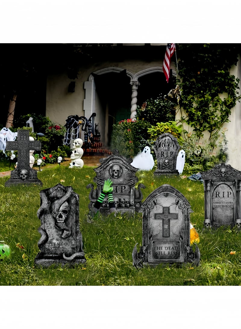 GGEROU Halloween Graveyard Decorations Outdoor, 6Pcs Tombstones Halloween Decor Yard Signs with Stakes, 35cm Tall Realistic Scary RIP Skeleton Headstones Yard Lawn Outside - Image 1
