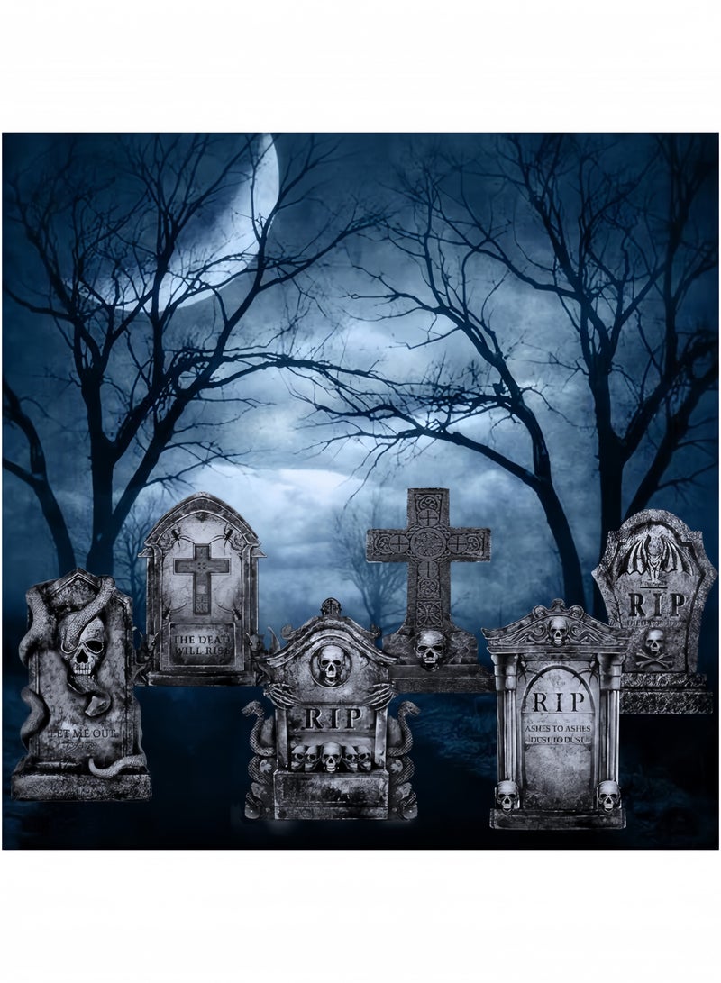 GGEROU Halloween Graveyard Decorations Outdoor, 6Pcs Tombstones Halloween Decor Yard Signs with Stakes, 35cm Tall Realistic Scary RIP Skeleton Headstones Yard Lawn Outside - Image 4