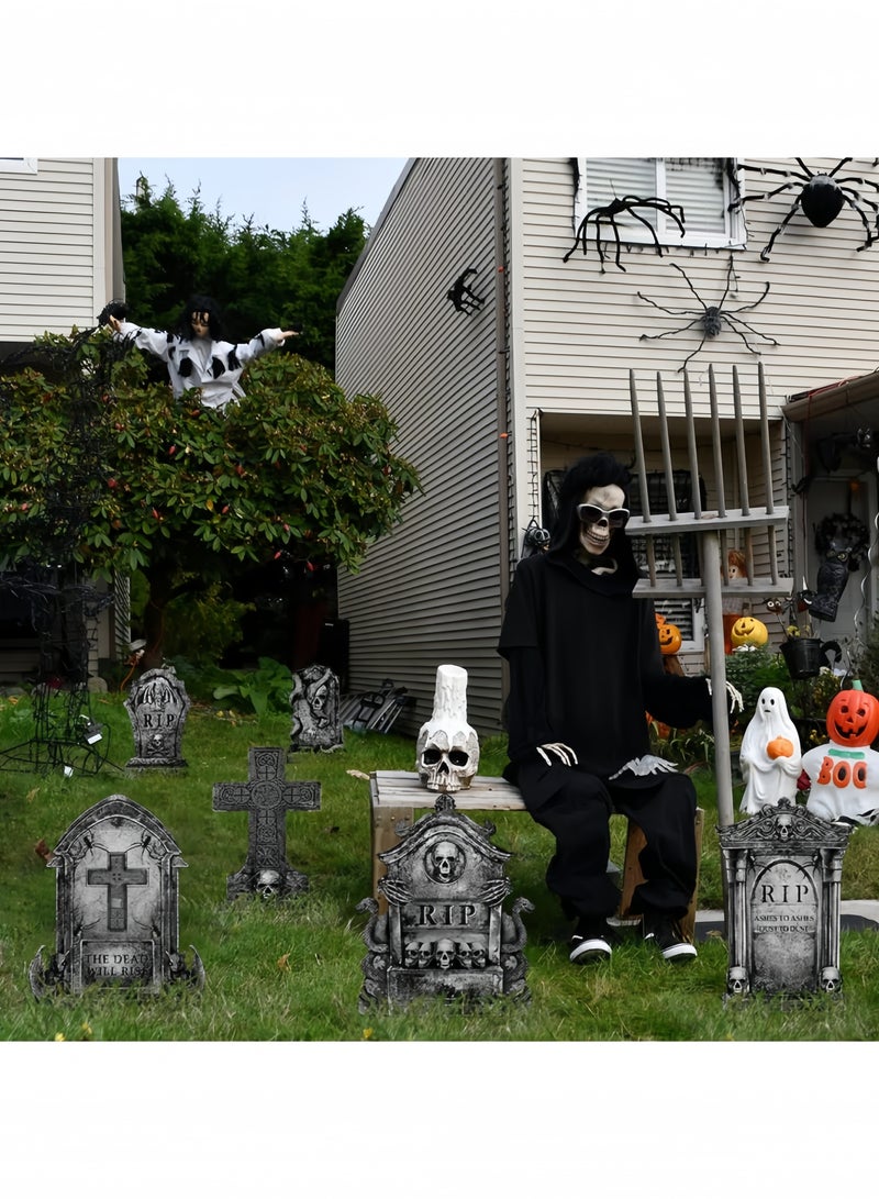 GGEROU Halloween Graveyard Decorations Outdoor, 6Pcs Tombstones Halloween Decor Yard Signs with Stakes, 35cm Tall Realistic Scary RIP Skeleton Headstones Yard Lawn Outside - Image 5