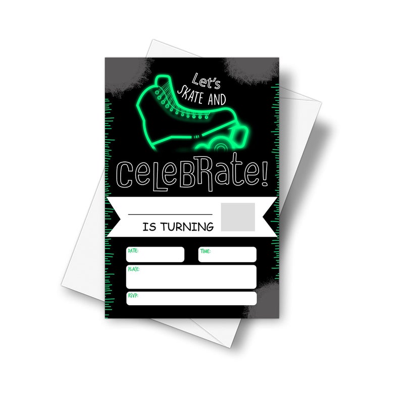 DETIHO 4 x 6 Green Roller Skating Theme Birthday Party Invitation Cards With Envelopes Lets Skate and Celebrate Neon Glow Skating Party Invitation 20 Sets E44