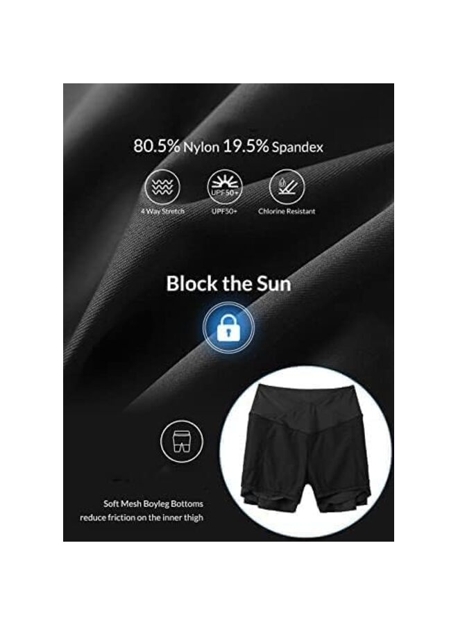 Women's Swim Shorts High Waisted Bathing Suit Bottoms Cross Waist Swimsuit Boy Shorts with Pocket,Black/L - Image 4