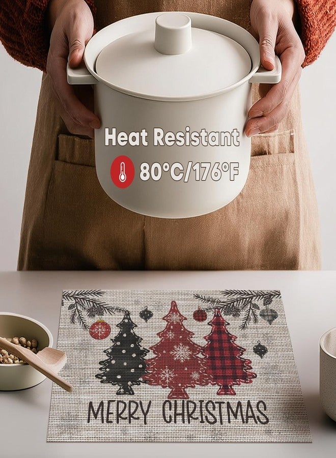 Artoid Mode Red Pine Trees Balls Christmas Vinyl Placemats Set of 4, 12x18 Inch Wipeable Winter PVC Woven Table Mats for Party Kitchen Dining Decor - Image 3
