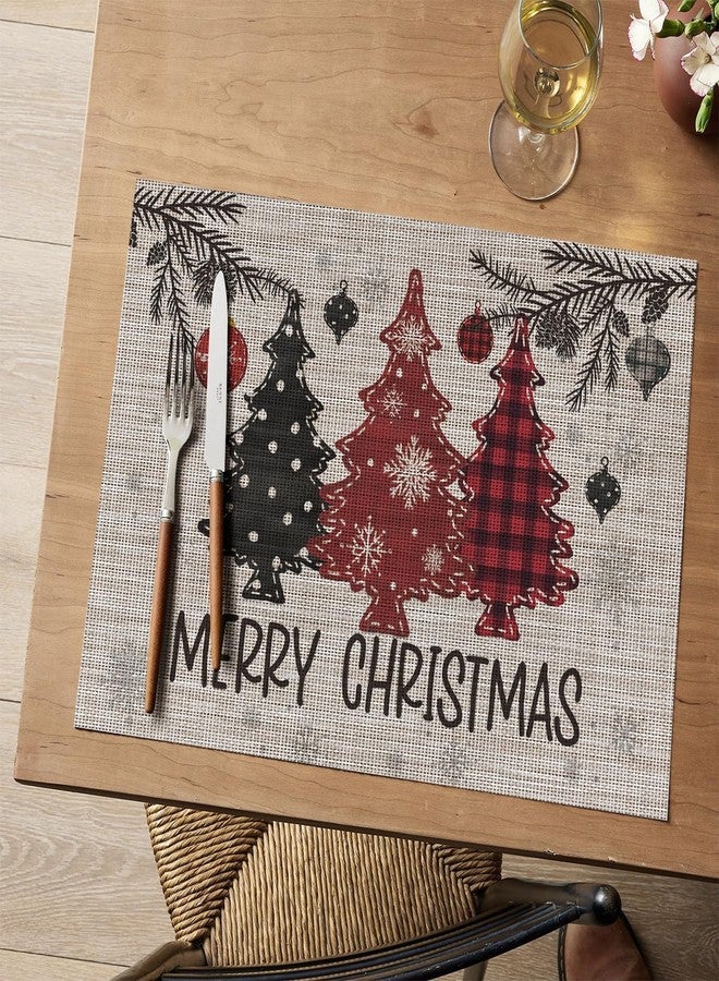 Artoid Mode Red Pine Trees Balls Christmas Vinyl Placemats Set of 4, 12x18 Inch Wipeable Winter PVC Woven Table Mats for Party Kitchen Dining Decor - Image 2