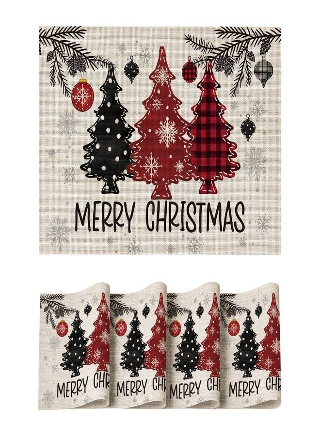 Artoid Mode Red Pine Trees Balls Christmas Vinyl Placemats Set of 4, 12x18 Inch Wipeable Winter PVC Woven Table Mats for Party Kitchen Dining Decor - Image 1