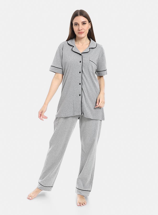 Red Circle Turn Down Collar Elastic Waist Pajama Set - Image 1