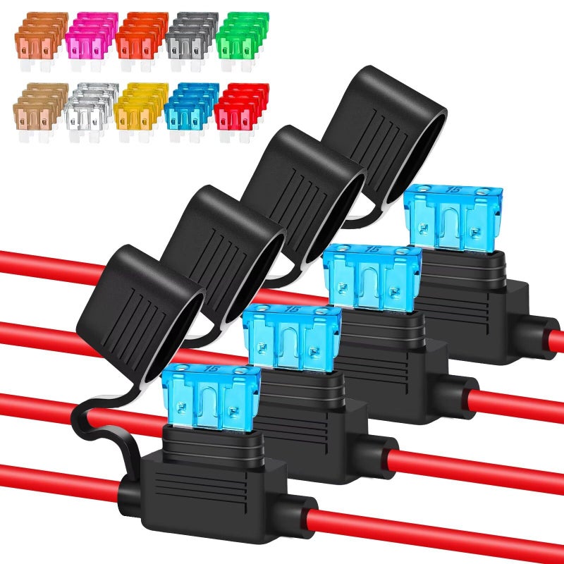 Anyongora 4 Packs 12AWG Inline Fuse Holder Waterproof Automotive Blade Fuse Holder with 40 PCS Standard Fuses ATCATO 4 of Each 2A 3A 5A 75A 10A 15A 20A 25A 30A 40A Set of 4