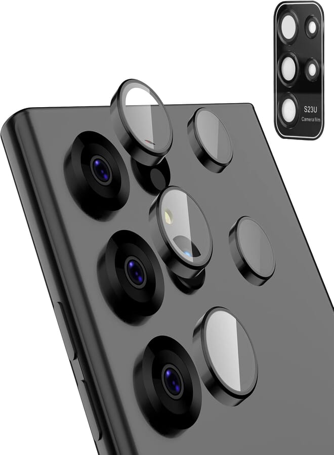WATACHE For Galaxy S23 Ultra Camera Lens Protector Ring, Tempered Glass Back Camera Cover Protection Aluminum Alloy Lens Ring Cover for Samsung Galaxy S23 Ultra(Black)