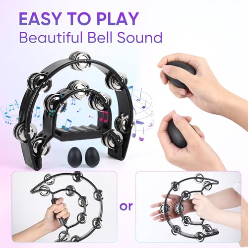 JAVIK Tambourine Double Row Metal Jingles Bell Hand Held Percussion Half Moon Tambourines Musical Instrument for Adults Kids Party, KTV, Events, Church (Black) - Image 4