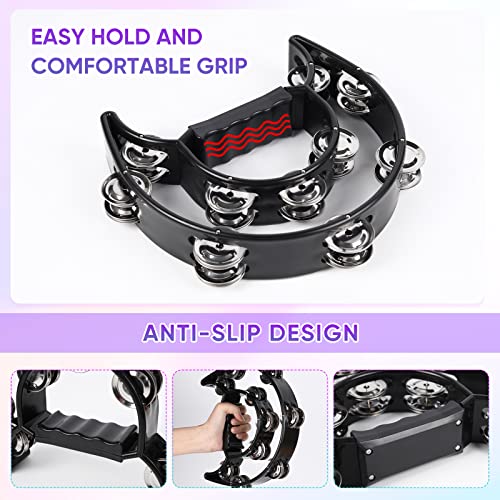 JAVIK Tambourine Double Row Metal Jingles Bell Hand Held Percussion Half Moon Tambourines Musical Instrument for Adults Kids Party, KTV, Events, Church (Black) - Image 3