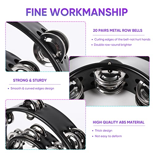 JAVIK Tambourine Double Row Metal Jingles Bell Hand Held Percussion Half Moon Tambourines Musical Instrument for Adults Kids Party, KTV, Events, Church (Black) - Image 2