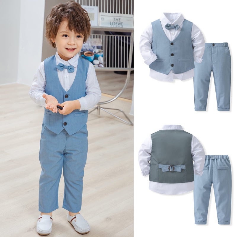 Kimocat Boys 3Pcs Clothing Sets Cotton Long Sleeve Bowtie Shirts +Vest +Pants Casual Suit Light Blue - Image 2