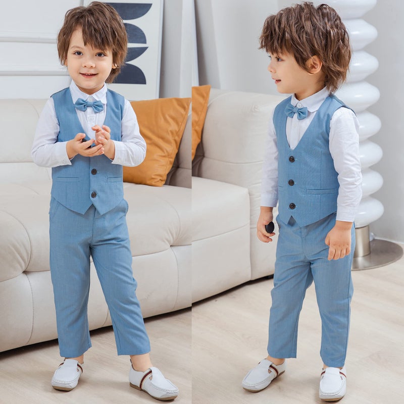 Kimocat Boys 3Pcs Clothing Sets Cotton Long Sleeve Bowtie Shirts +Vest +Pants Casual Suit Light Blue - Image 3