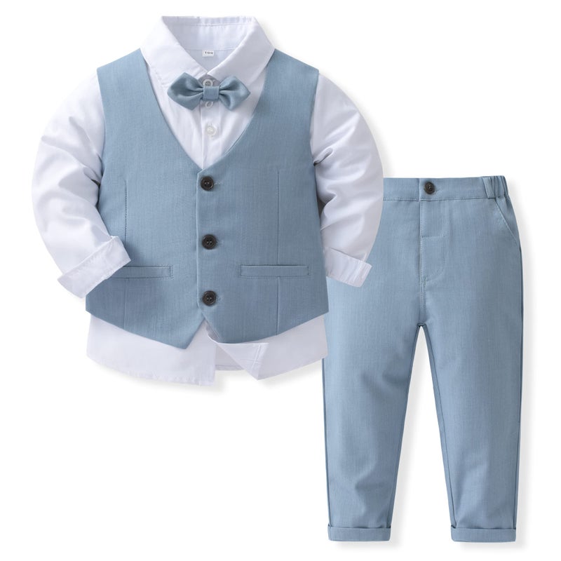 Kimocat Boys 3Pcs Clothing Sets Cotton Long Sleeve Bowtie Shirts +Vest +Pants Casual Suit Light Blue - Image 1