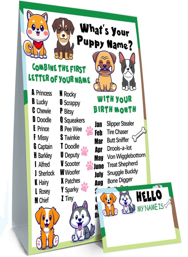 UBLURO What's Your Puppy Name Game, Puppy Birthday Party Sign for Boys and Girls, Holiday Activity, Birthday Game for Kids and Adult Parties (1 Puppy Theme Sign and 30 Name Tag Stickers) - Image 1