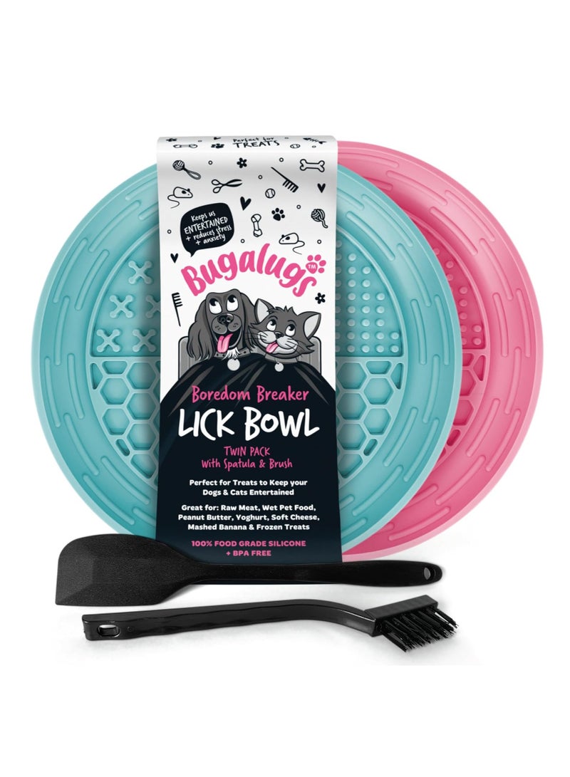 BUGALUGS Dog Mat Bowl Lick Mats For Dogs 100 percent Food Grade Cat Food Mat and Licky Mats For Dogs Lick Mat Bowl Reduce Stress and Anxiety 2x Pet Food Mat Bowl Spatula and Brush Pink and Blue - Image 1