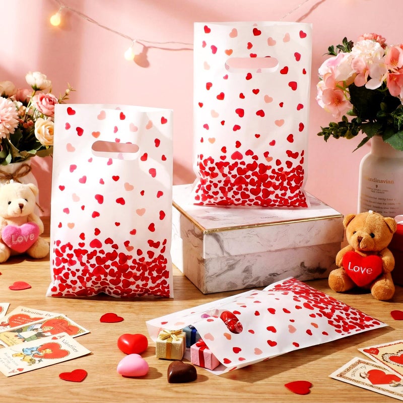 GliCraft 100 Pcs Mother's Day Heart Gift Bags with Handle 9.84'' x 6.5'' Plastic Falling Heart Design Treat Goodie Bags for Mother's Day Gifts Wrapping Wedding Party Favors Supplies Decoration - Image 4