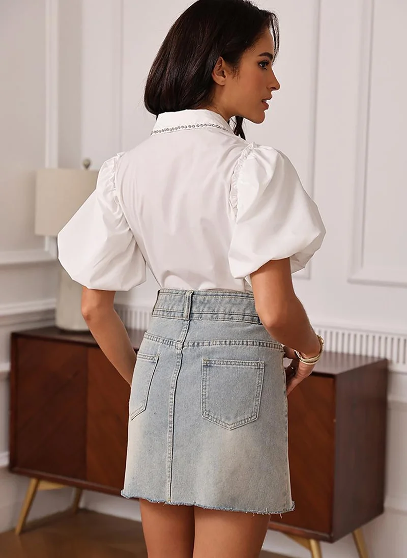 يونيكي White Shirt Collar Short Sleeves Shirt Style Top