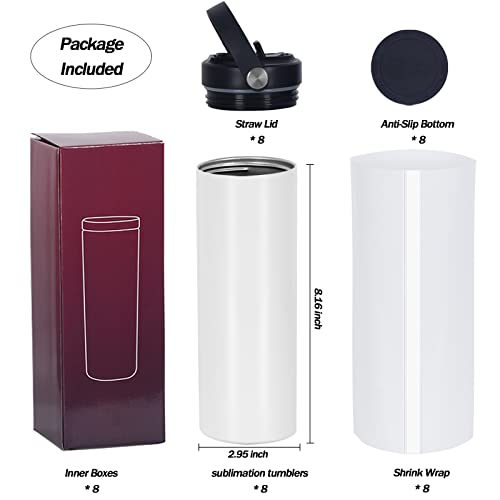 Micellwuu 8 Pack Sublimation Tumbler Bulk 20oz Skinny Straight, Double Wall Stainless Steel Tumblers with Portable Handle, Individually Boxed - Image 2