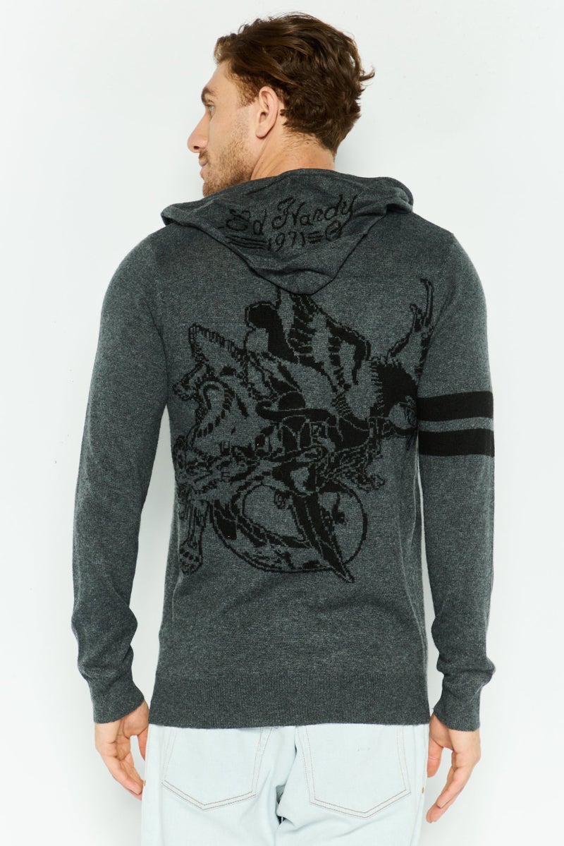 Ed Hardy سويت شيرت بقلنسوة للرجال بشعار العلامة التجارية بأكمام طويلة، رمادي داكن - Image 4