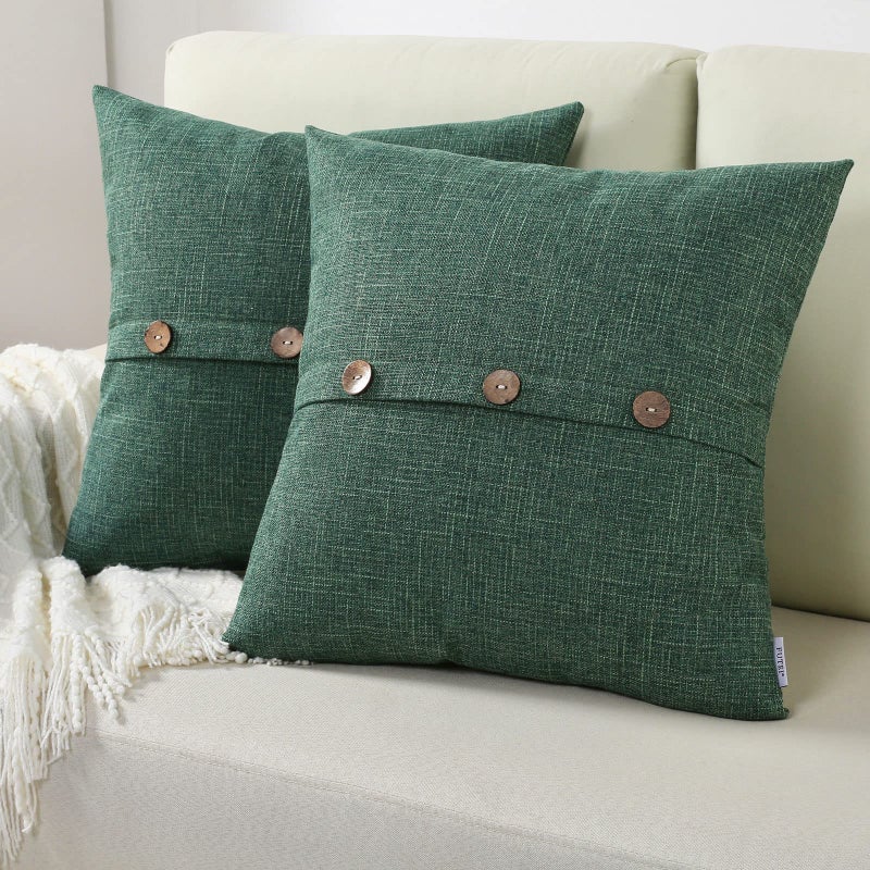 FUTEI Emerald Green Linen Decorative Throw Pillow Covers 20x20 Inch Set of 2 Square Cushion Case with Vintage ButtonZipperModern Farmhouse Home Decor for CouchBed