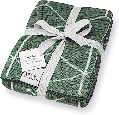 Sweet Acorn Knit Baby Blanket - Organic Cotton Baby & Toddler Receiving Blankets for Girls & Boys - Soft Knit Stroller/Throw Blankets - Geometric Pattern - Juniper Green - Image 1