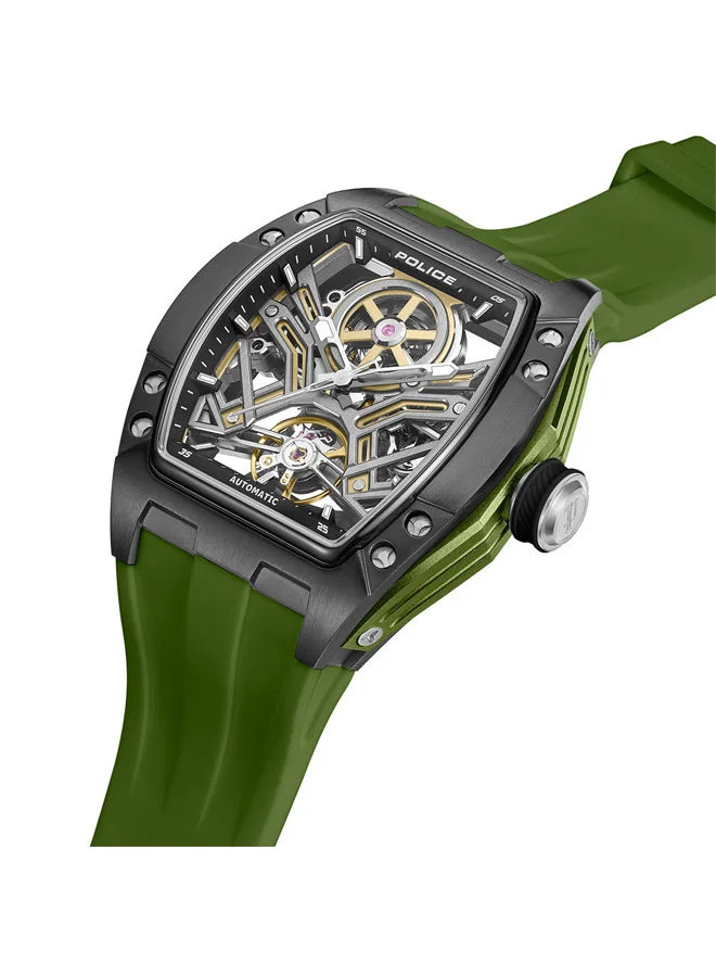 POLICE Tampa Black Dial Olive Green Silicone Strap Automatic Watch for Men - 42mm