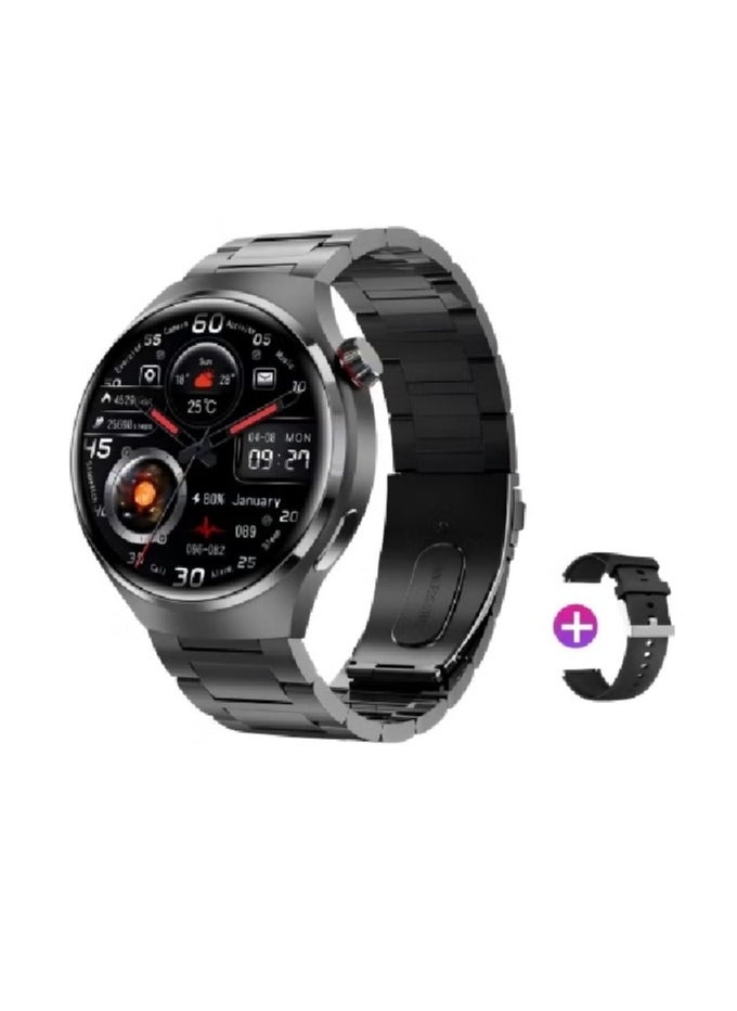 ماركة غير محددة - ساعة ذكية GT4 PRO مع وظيفة الاتصال عبر البلوتوث (الرد على المكالمات/إجرائها)، ساعة تتبع اللياقة البدنية مع وظيفة مراقبة النوم، مناسبة لأجهزة IPhone/Android، مقاومة للماء IP68 (سيليكون أسود + فولاذ أسود) حزام ساعة من قطعتين - Image 1