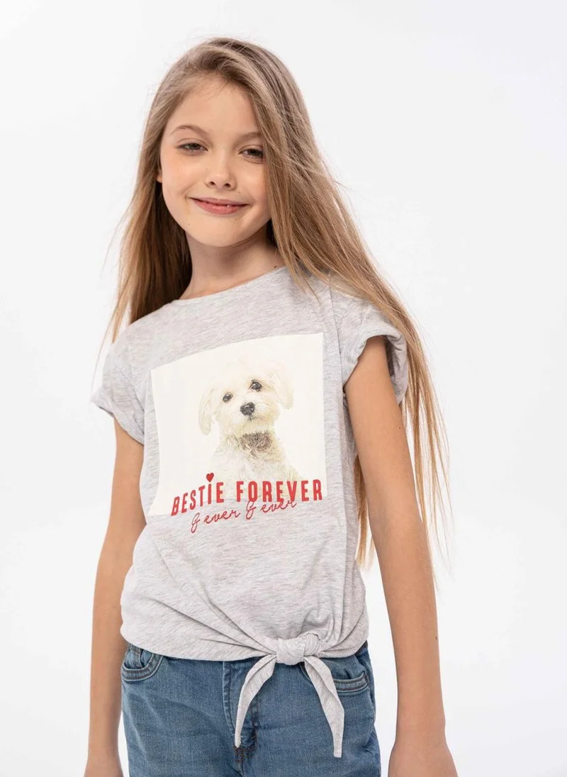 MINOTI Girls tie front t-shirt colourful graphic grey