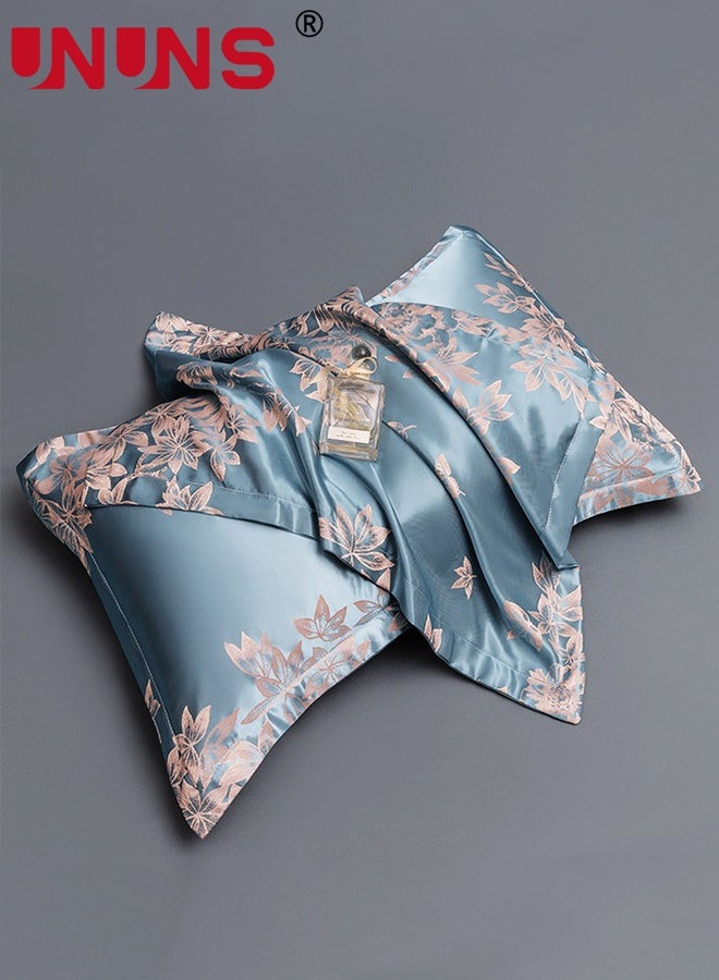 UNUNS Satin Pillowcases,Satin Pillowcases for Hair and Skin, 2Pcs Large Maple Leaf Floral Print Pillowcases,Silky Floral Print Pillowcases with Envelope Closure,Lake-Blue,48x74cm - Image 1