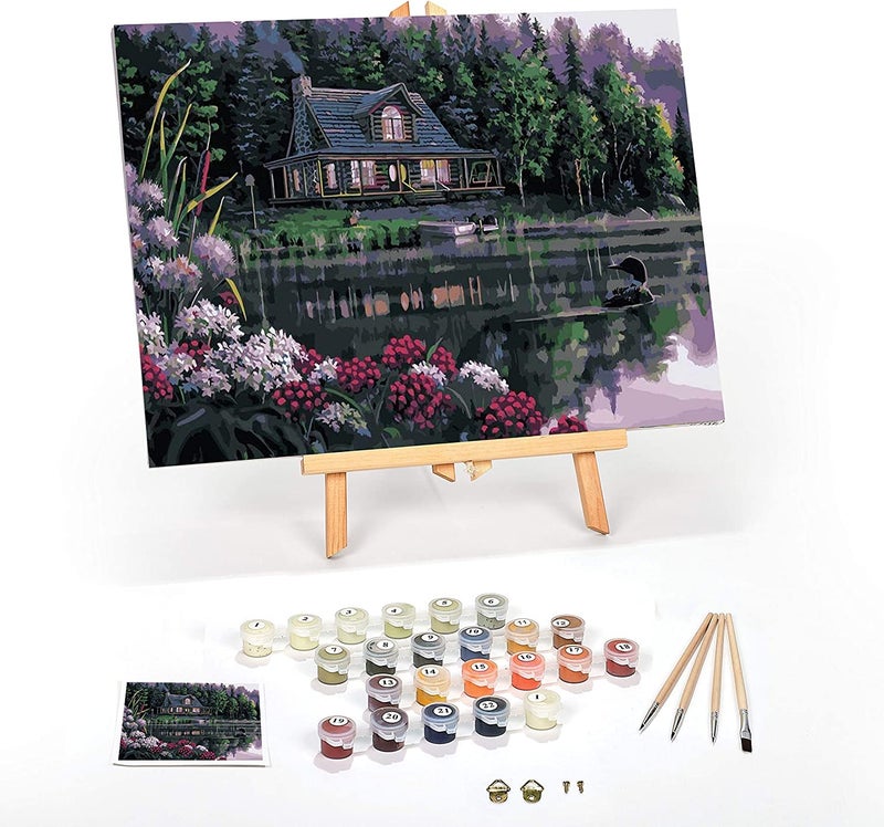Ledgebay DIY Paint by Numbers Kit for Adults Framed Canvas Beginner to Advanced Paint by Numbers Kit Kits Include Acrylic Paint Set Brushes Tabletop Easel (Still Waters 12" x 16" Framed) - Image 1