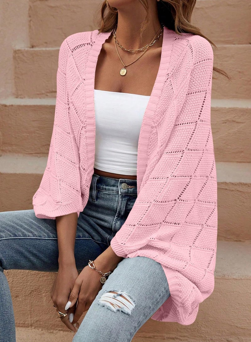 Sidefeel Women's Cardigan Kimono Boho Batwing Long Sleeve Lightweight Soft Oversized Open Front Shrugs Sweater Pink Large - Image 3