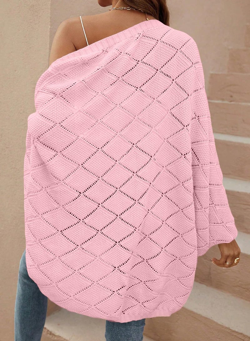 Sidefeel Women's Cardigan Kimono Boho Batwing Long Sleeve Lightweight Soft Oversized Open Front Shrugs Sweater Pink Large - Image 2