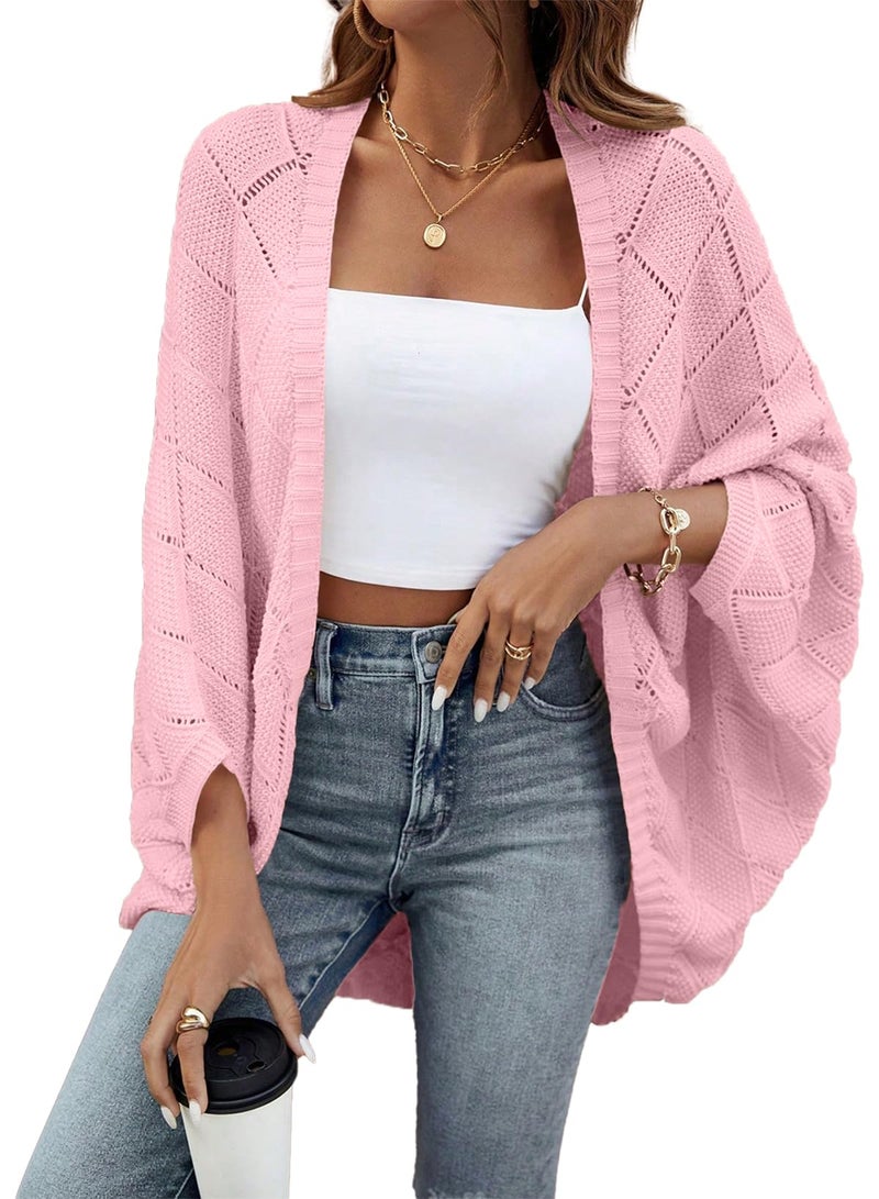 Sidefeel Women's Cardigan Kimono Boho Batwing Long Sleeve Lightweight Soft Oversized Open Front Shrugs Sweater Pink Large - Image 1