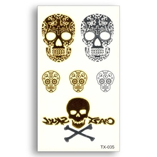 S.A.V.I 3D Temporary Tattoo Golden And Silver Metallic Sticker Skulls Danger Sign Design Size 10.5x6CM - 1PC. - Image 1