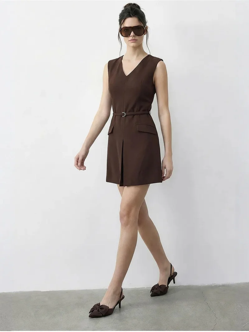 Bianco Lucci Dark Mocha Brown LUCCI Belted V-Neck Mini Dress for Women | Best Price UAE