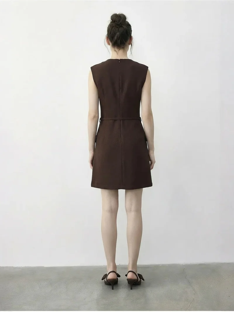 Bianco Lucci Dark Mocha Brown LUCCI Belted V-Neck Mini Dress for Women | Best Price UAE