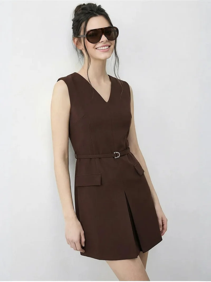 Bianco Lucci Dark Mocha Brown LUCCI Belted V-Neck Mini Dress for Women | Best Price UAE