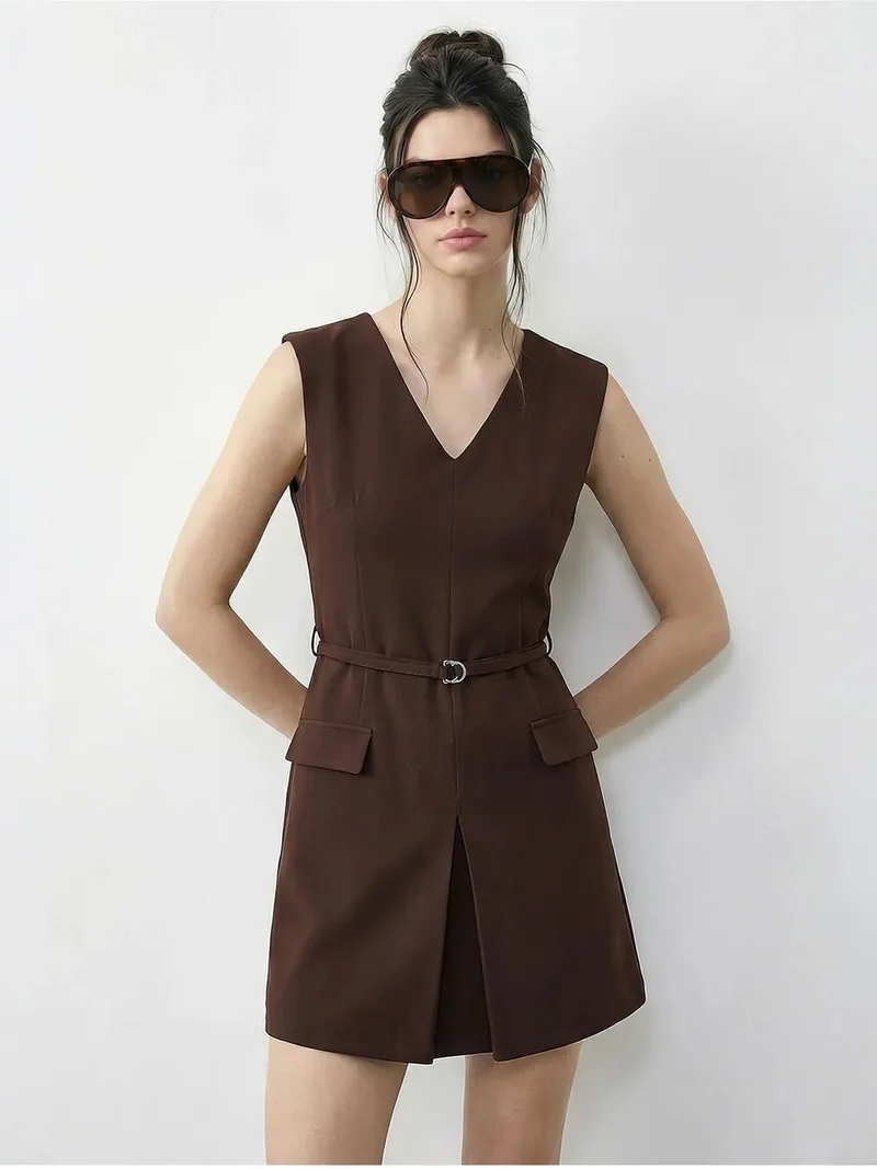 Bianco Lucci Dark Mocha Brown LUCCI Belted V-Neck Mini Dress for Women | Best Price UAE