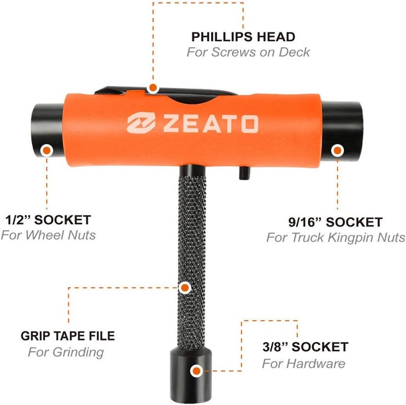 Zeato All-in-One Skate Tools Multi-Function Portable Skateboard T Tool Accessory with T-Type Allen Key and L-Type Phillips Head Wrench Screwdriver - Image 2
