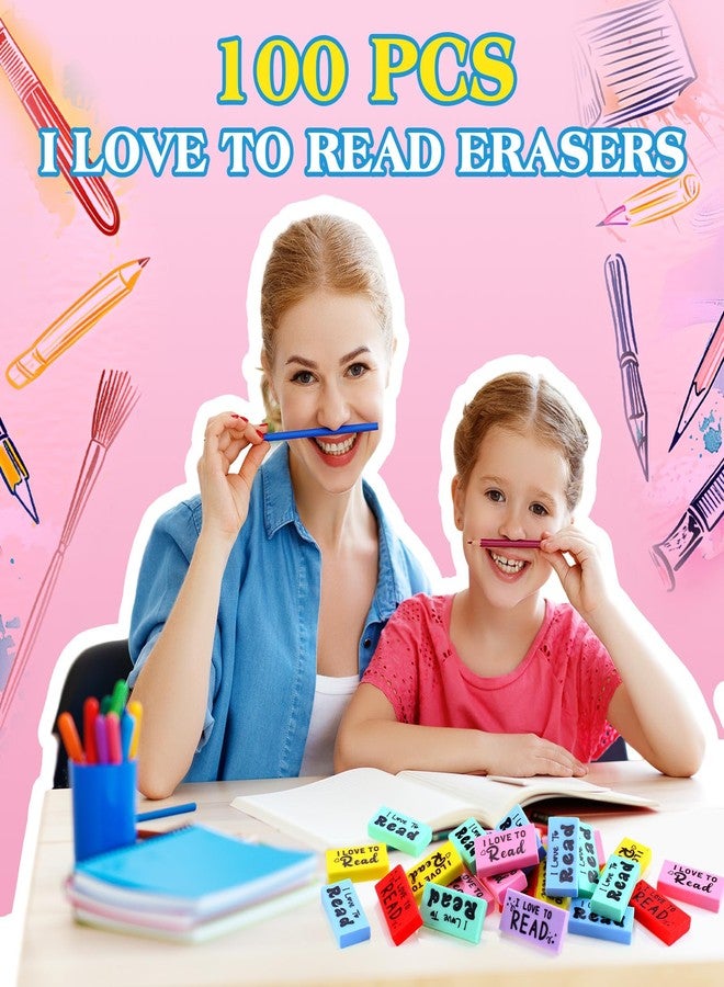 Dunzoom 100 Pcs Inspirational Erasers for Kids Back to School Gifts I Love to Read Small Colorful Pencil Erasers for Students Classroom Cute Motivational Gift for Drawing School Office Supplies - Image 5