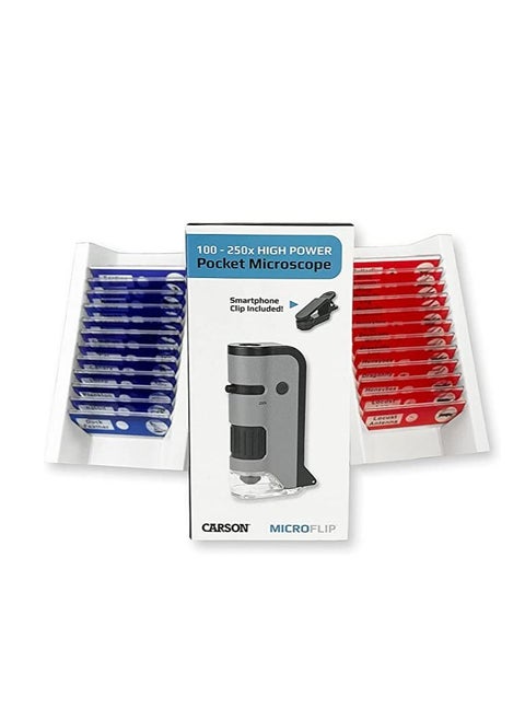 Carson MicroFlip 100x-250x LED and UV Lighted Pocket Microscope with Flip Down Slide Base and Smartphone Digiscoping Clip Bundle Included with 24 Prepared Insect and Animal Slides (MP-250BUN)