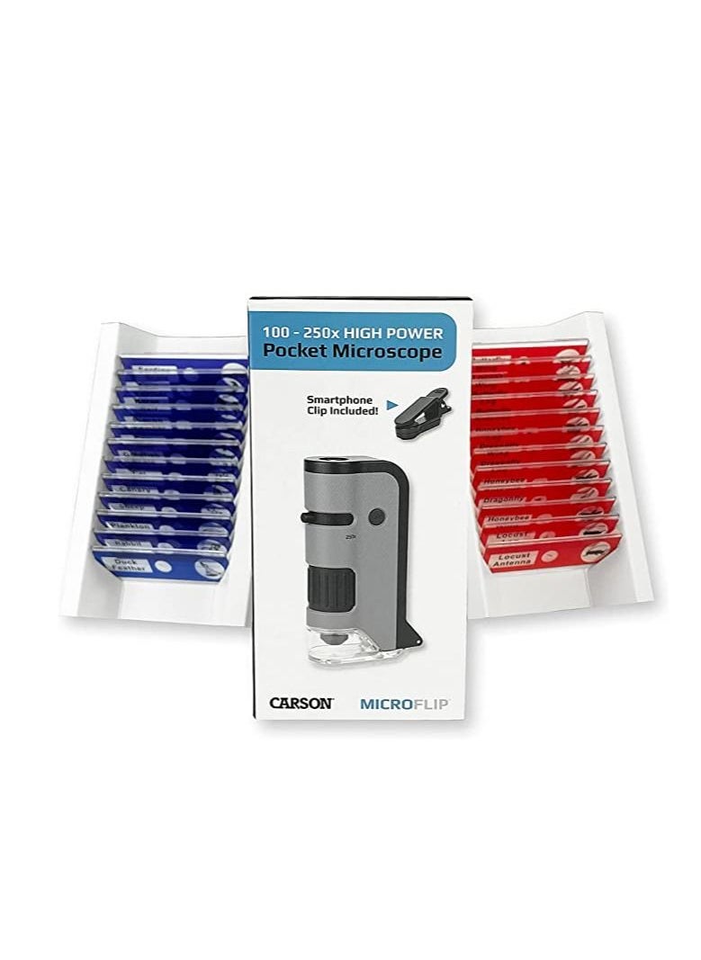 Carson - Carson MicroFlip 100x-250x LED and UV Lighted Pocket Microscope with Flip Down Slide Base and Smartphone Digiscoping Clip Bundle Included with 24 Prepared Insect and Animal Slides (MP-250BUN) - Image 1