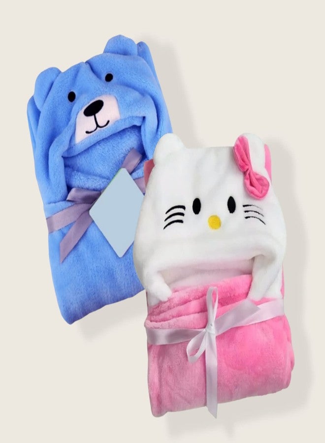First Kick Baby Blankets Newborn Combo Pack of Super Soft Bathrobe Baby Wrapper Durable Fleece Polyester Cum Baby Bath Towel for Baby Boys Girls (80cm x 80cm, 0-6 Months) Pack of 2 Pink Blue - Image 1