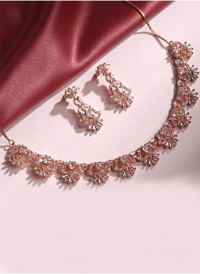 Just Peachy - Just Peachy Gold-Plated Rose Gold-Toned & White AD-Studded Jewellery Set – Stunning Necklace and Earrings with Dazzling AD Stones, Perfect for Weddings, Parties, and Special Occasions - Image 1