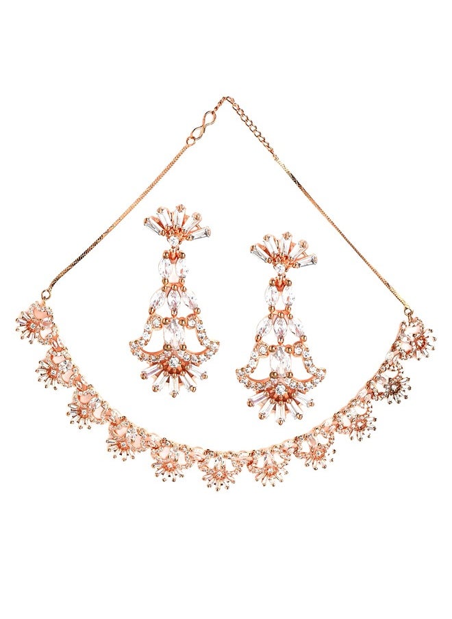 Just Peachy - Just Peachy Gold-Plated Rose Gold-Toned & White AD-Studded Jewellery Set – Stunning Necklace and Earrings with Dazzling AD Stones, Perfect for Weddings, Parties, and Special Occasions - Image 1