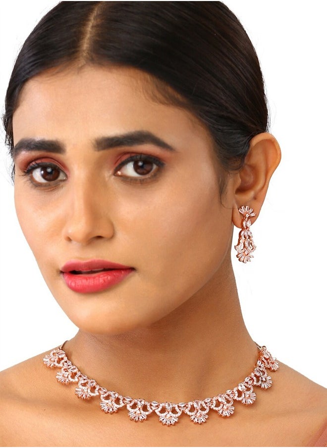 Just Peachy - Just Peachy Gold-Plated Rose Gold-Toned & White AD-Studded Jewellery Set – Stunning Necklace and Earrings with Dazzling AD Stones, Perfect for Weddings, Parties, and Special Occasions - Image 1