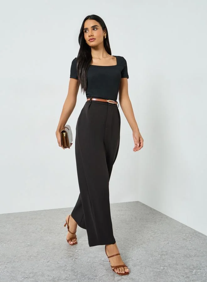 Take Two Black Solid Square Neck Knit T-Shirt
