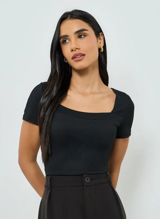 Take Two Black Solid Square Neck Knit T-Shirt