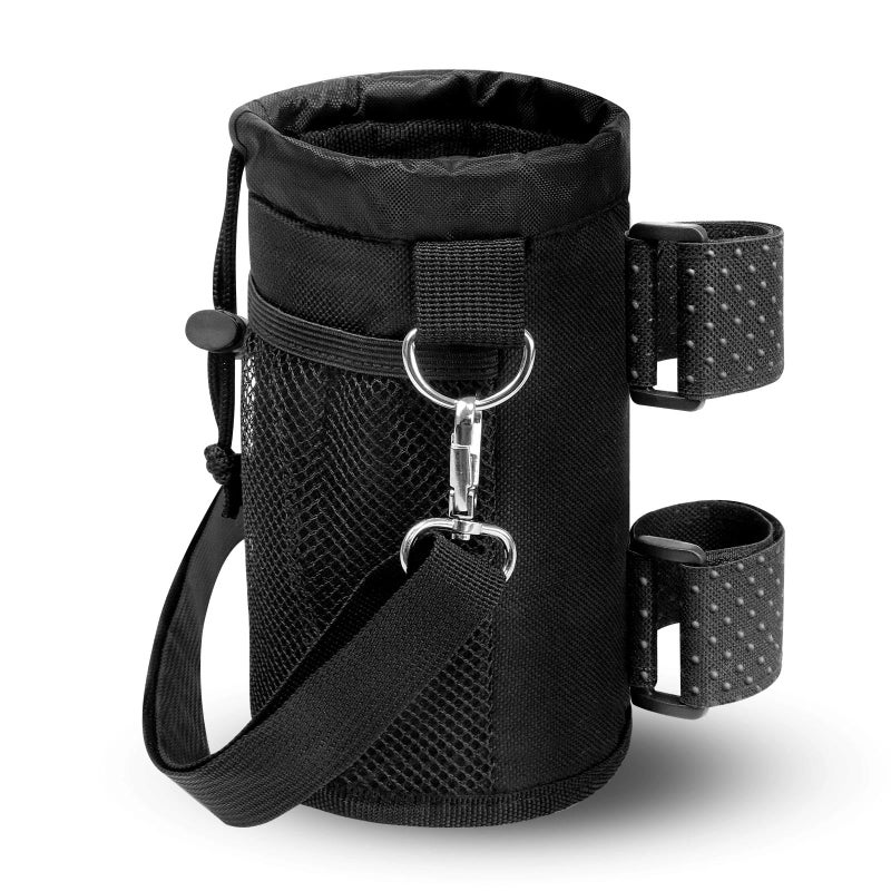 bruwaa Cup Holder for Bike, Wheelchair and Scooter, Water Bottle Holder for Bicycle, Walker, Stroller, Utv, ATV eBike and Beach, Universal Drink Holder Accessories with Strap and Net Pocket - Black - Image 1