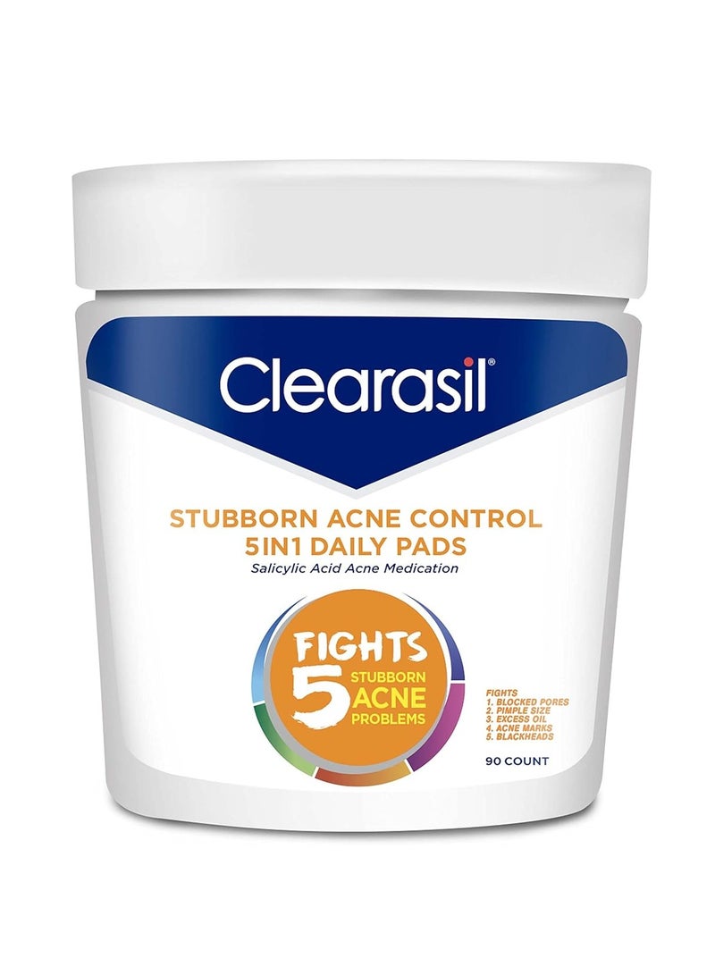 Clearasil Clearasil Stubborn Acne Control 5in1 Daily Facial Cleansing Pads, with Salicylic Acid Acne Treatment Medicine, 90 Count - Image 1